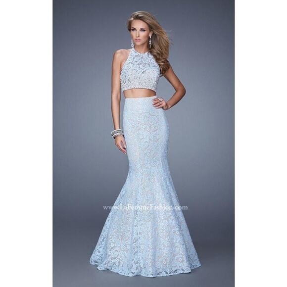 La Femme Two Piece Blue Lace Mermaid Skirt & Halter Long Prom Dress Gown 6 NWT - Picture 1 of 14